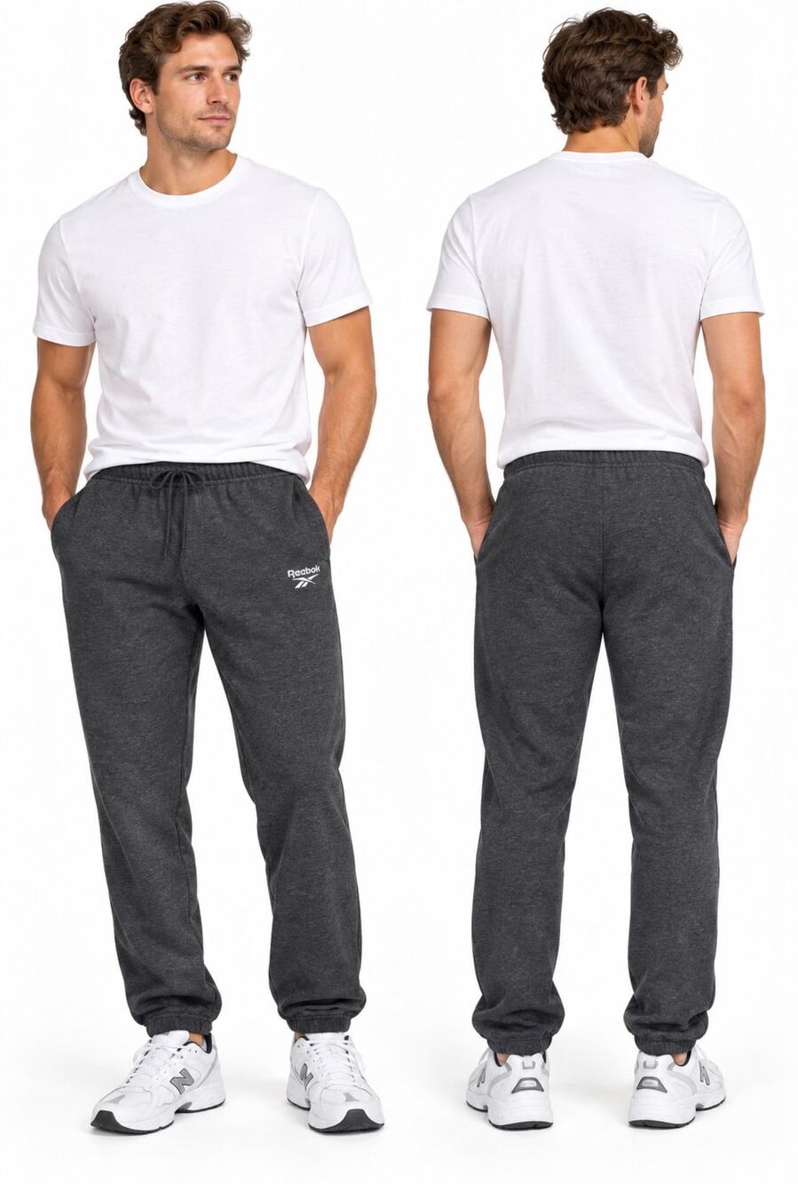 Reebok Men's Charcoal Gray Fleece Jogger Sweatpants Drawstring Athletic Casual